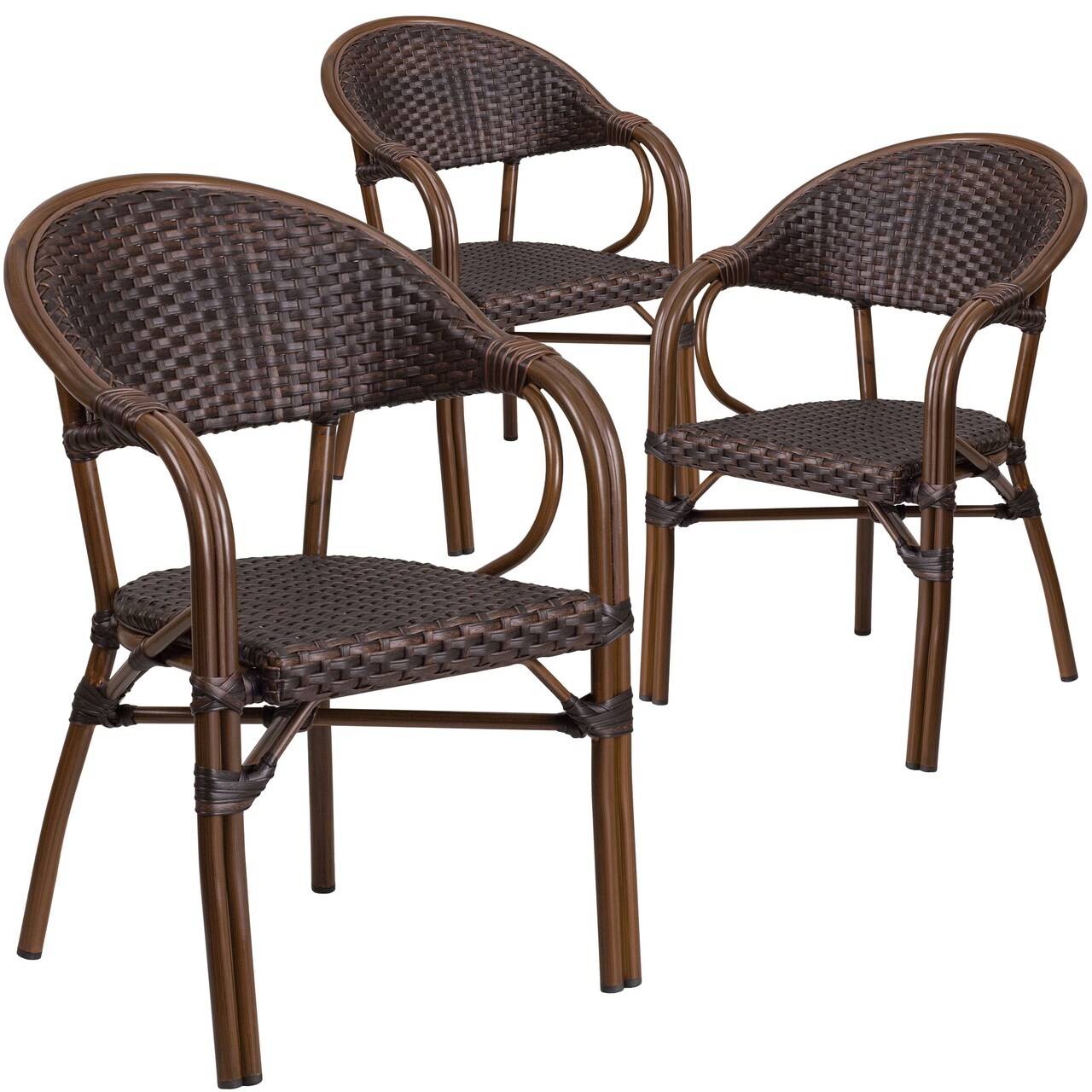 Emma and Oliver 3 Pack Rattan Restaurant Patio Chair with Bamboo-Aluminum Frame
